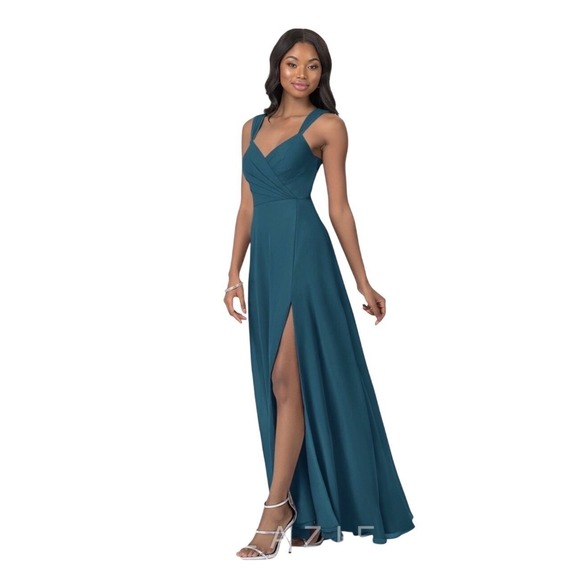 Azazie Dresses & Skirts - Azazie Nahrin Blue Chiffon V-Neck Open Back Pleated Maxi Bridesmaid Dress Size 4